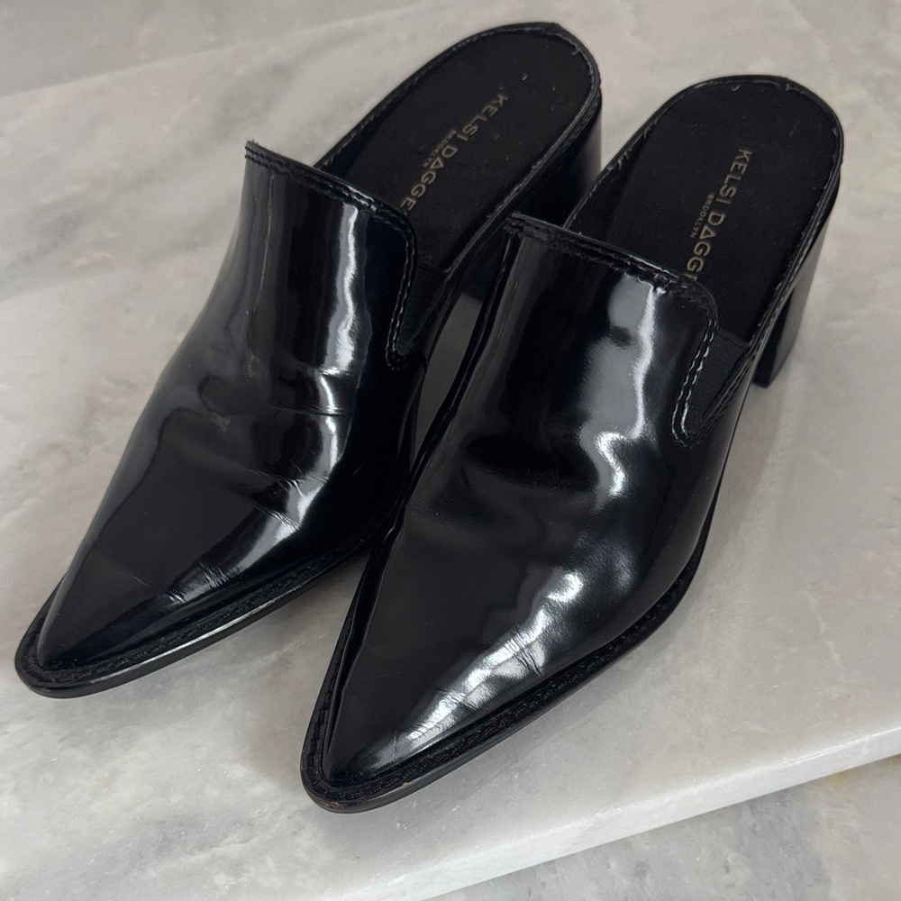 Kelsi Dagger Black Patent Pointed Slip-On Mules